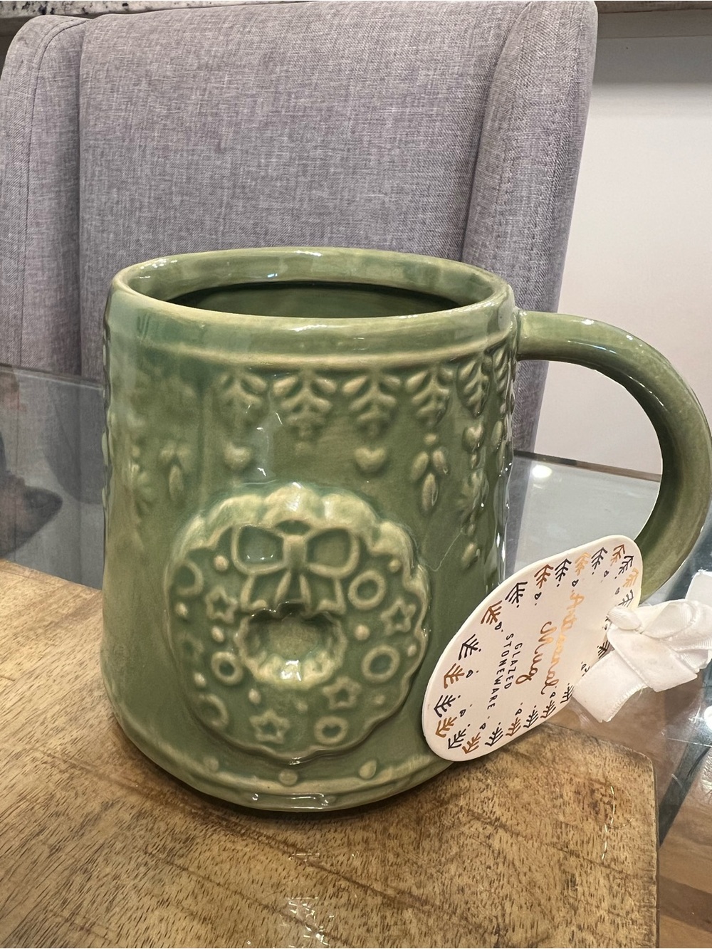 Artisan Green Glazed Stoneware Mug with 3d Wreath